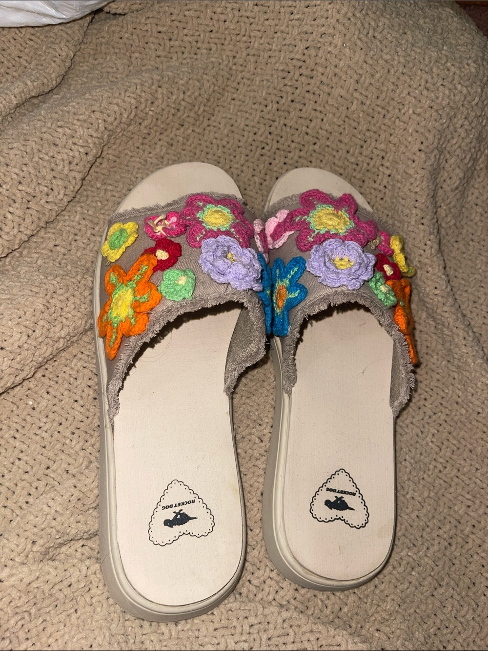 Womens Floral Crochet Slide Sandals in Beige and Multicolor
